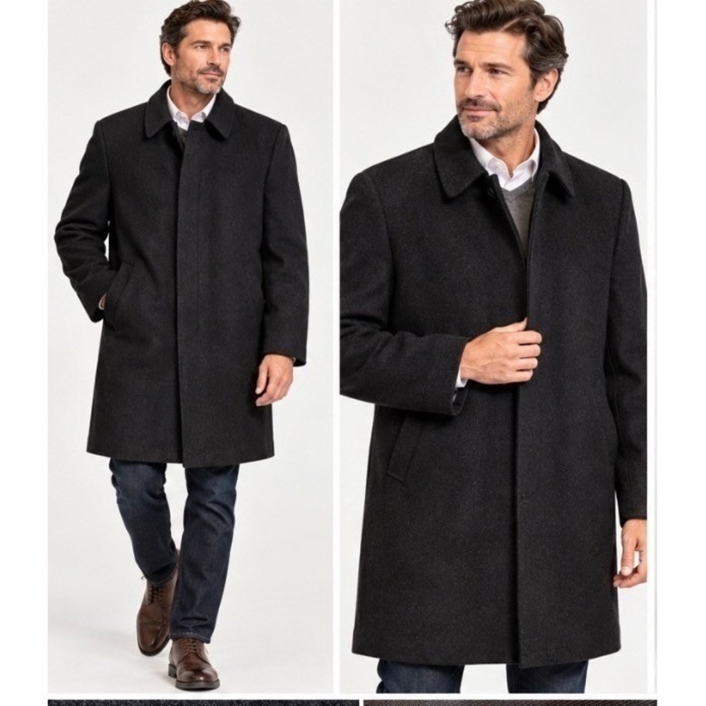 Lazetti Couture Men's XL Black Wool Overcoat Long Car Coat Plaid Lined formal
